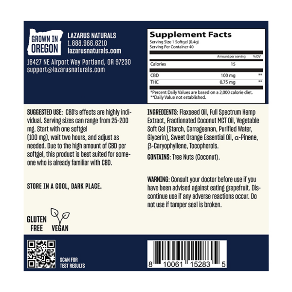 Lazarus Naturals Full Spectrum CBD Softgels 100mg 40ct Supplement Facts