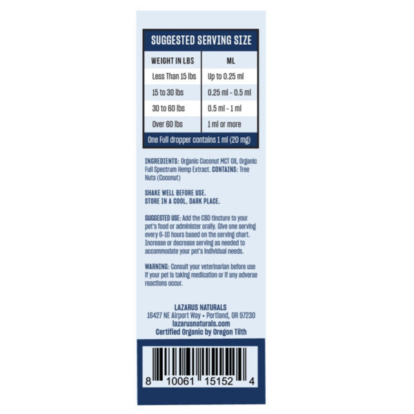 Lazarus Naturals CBD Calming Pet Tincture 600mg 30ml Supplement Facts