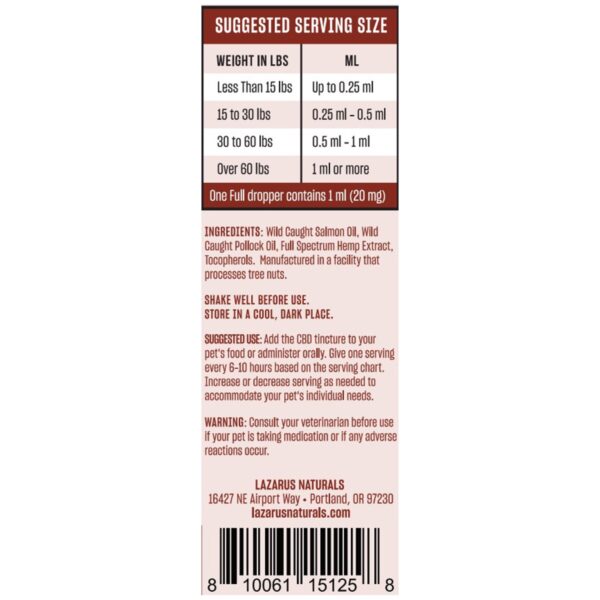 Lazarus Naturals CBD Joint Support Pet Tincture Wild Salmon 600mg 30ml Supplement Facts