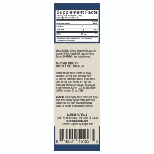 Lazarus Naturals High Potency Full Spectrum CBD Tincture 1500mg 30ml Supplement Facts
